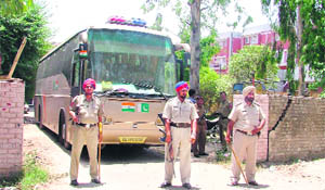 The Indo-Pak bus parked in Ludhiana on Monday.