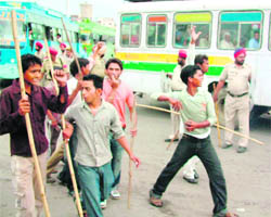 Followers of Dera Sachkhand protest in Patiala on Monday. 
