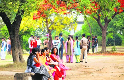 Students during a break on the Jammu University campus.
