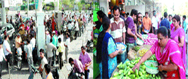 People throng a petrol station to get their vehicles refilled in Jalandhar on Tuesday.  People buy vegetables during curfew relaxation in Jalandhar on Tuesday.