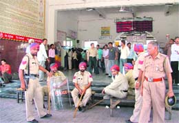 Police personnel at the railway station in Ludhiana on Tuesday.