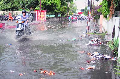 A waterlogged road in Dehradun following a downpour on Thursday evening.
