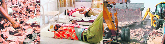 A slipper of a trapped labourer tells the gory tale of the incident. Photos: Inderjeet Verma Injured in building collapse undergo treatment at civil hospital; and JCB machines remove debris during rescue operation in Ludhiana on Thursday.