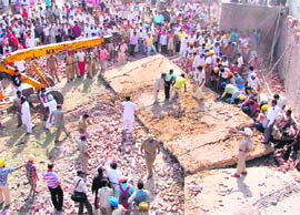 An aerial view of the spot where a roof collapsed in Ludhiana on Thursday.