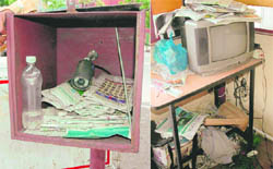 A CCTV box being used to store newspapers and water bottles; and (right) monitor of the CCTV camera is non-functional at the parking lot in Sector 35, Chandigarh.