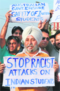 Family members of students in Australia protest against racial attacks on Indians, in Amritsar on Friday.