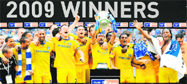 Chelseas players celebrate after beating Everton in the final of the FA Cup on Saturday.