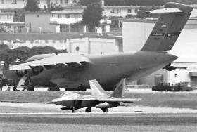 A US Air Force F-22 fighter jet (front) after landing at Kadena US Air Force Base in Okinawa on Saturday.