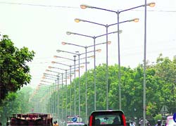Streetlights on the dividing road of Sectors 44/45, which have remained on for the past two days