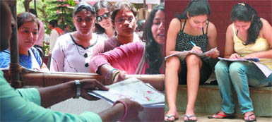 Students collect admission forms at Kirori Mal College on North Campus. Girls fill in forms on Monday, the first day of the sale of admission forms at Delhi University.