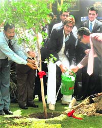 Amitabh Bachchan plants a sapling at a mall in Gurgaon