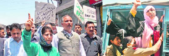 PDP chief Mehbooba Mufti and other party leaders protest the killing of two women in Srinagar on Tuesday; and (right) activists of the Muslim Khawateen Markaz being taken in custody