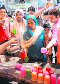 People quench their thirst at a chhabeel on Nirjala Ekadashi in Karnal