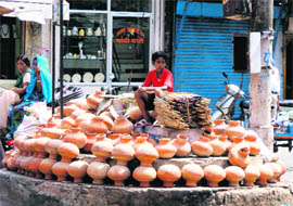 Earthen pots at a display in front of the shop in Ludhiana.