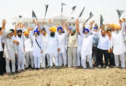 Gurcharan Singh Tohras supporters hold black flags in front of the stadium whose land has been ploughed. 