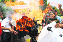 Members of the National Secular Forum and JURSEA protest on the Jammu University campus on Friday.