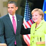 US President Barak Obama and German Chancellor Angela Markel after addressing a joint press conference at Dresden Castle in Dresden on Friday. The two are due to travel to Buchenwald, the former Nazi concentration camp, where more than 56,000 prisoners had died.