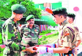 Director General, NCC, Lt-Gen RK Karwal with Deputy Director General, NCC, Brig Anil Gupta and NCC cadets at the NCC directorate in Jammu