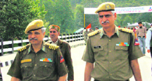 Chief Engineer (Project Deepak) IR Mathur (left) and Commander, 38, BRTF, SK Doon inspect the newly inaugurated bridge at Chode Nallah on the Manali-Leh road on Sunday.