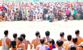 Ashes of Swami Ramanand being immersed in the Ganga at Haridwar on Monday.
