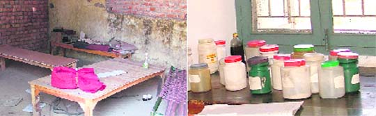 Missing infrastructure at an ayurvedic dispensary at a mini Public Health Centre and; (right) half-empty containters point toward shortage of medicines.
