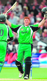 Kevin OBrien (R) celebrates with John Mooney after their win against Bangladesh on Monday.