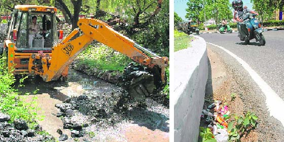 After a report “Monsoon Fury: No lessons learnt”, was published in these columns yesterday, the administration has taken steps to clear the choe near Sector 23; but (right) garbage still lies at the roundabout near Sector 20, Chandigarh