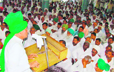 INLD leader Om Prakash Chautala addresses a workers meeting in Karnal on Tuesday.