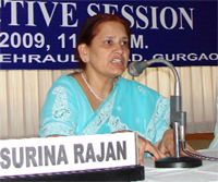 Labour commissioner Surina Rajan addressing a meeting in Gurgaon on Tuesday.