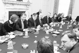 British Prime Minister Gordon Brown (3rd from left) prepares to chair a Cabinet meeting inside 10 Downing Street in central London on Tuesday.
