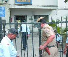 Delhi Police personnel at  Lady Harding Medical College hostel in New Delhi on Wednesday.