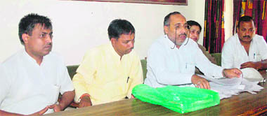 Opposition ward members address mediapersons about their agenda ahead of the municipal committee board meeting in Haridwar on Wednesday.