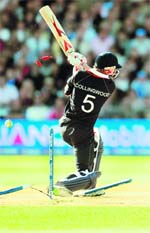 England's Paul Collingwood is bowled by South Africas Jacques Kallis at Trent Bridge in Nottingham, on Thursday.
