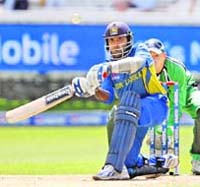 Mahela Jayawardene plays a shot against Ireland at Lords on Sunday. 