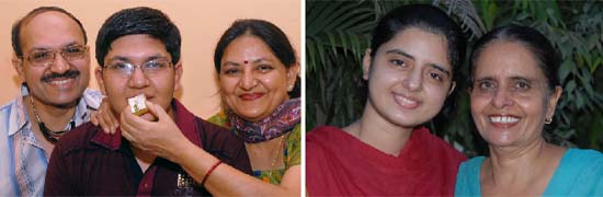 Anjul Verma (left), who is ranked second in the Punjab-PMET conducted by the Baba Farid University of Health Sciences, flanked by his parents in Bathinda on Monday; Shubhneek Kaur Dhillon, who has been ranked first in the entrance test for Guru Ramdas Medical College, Amritsar, along with her mother