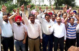 Demanding an early implementation of the Sixth Pay Commission report, NFL employees staging a gate rally in Bathinda on Tuesday.