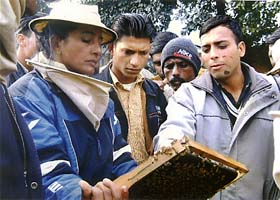Gurdev Kaur imparting training to men in bee keeping