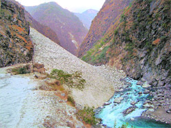 The landslide that has blocked the Dharchula- Ghatiyabagar road as also the river Kali.  