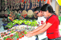 Children are taken in artificial miniature plants at a shop in Dehradun on Wednesday
