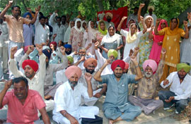 Members of the Forest Department Field Workers Union staging a dharna in support of their demands in front of the District Forest Office in Bathinda on Thursday.