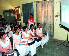 Students being taught through the EDUSAT programme at Government Girls Senior Secondary School, Nehru Garden, in Jalandhar.