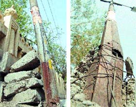 The electricity poles on the road from Crystal Chowk to Maitha Road, which pose danger to commuters, in Amritsar
