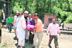 Body of Mohammed Mohsin, who died after falling from the Shimla-Kalka train, being carried away by relatives at Tara Devi near Shimla on Sunday. 
