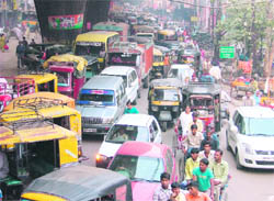 Trafic chaos near Clock Tower in Ludhiana on Sunday.