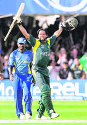 Pakistans Shahid Afridi celebrates after hitting the winning runs against Sri Lanka during their Twenty20 World Cup final at the Lords in London on Sunday. Pakistan defeated Lanka by eight wickets to clinch the title.