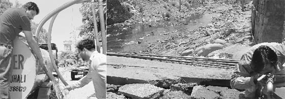 Water being filled into a water tanker from an illegally operated private tubewell at Mohali village; and (right) drinking water supply pipelines go through a nullah at Rajiv Colony in Panchkula on Monday.