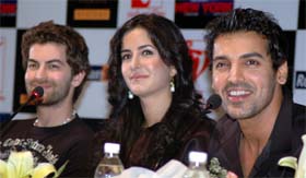 Bollywood actors John Abraham, Katrina Kaif and Neel Nitin Mukesh talk with newspersons during their visit to Gurgaon