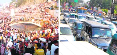 A rush of devotees at Har-Ki-Pauri in Haridwar and Rishikesh on Monday; and (R) Traffic jam at Doodha Dhari Chowk in Haridwar