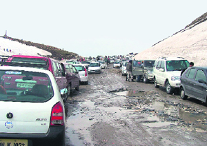 This is the scene at the Rohtang Pass near Manali, which attracts tourists in hordes these days, with such traffic jams being common during summer.