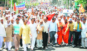 Sanskrit lovers hold a demonstration on National Highway 10 in Rohtak on Wednesday.